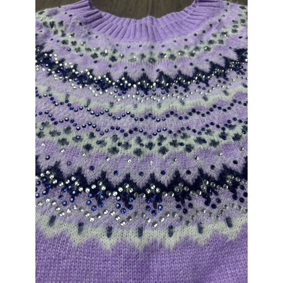 Talbots Lavender Fair Isle Embellished Sweater Women’s M Beaded Fuzzy Knit - Picture 2 of 9